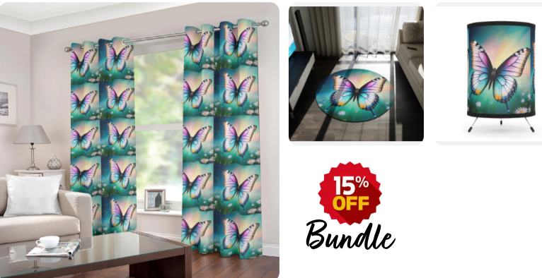 Save 15% when you buy this Butterfly Home Decor Bundle from shelldesignboutique.com//products/bap-… #shelldesignboutique #beautifulbutterfly #homedecorbundle #curtains #roundarearug #tripodlamp #15percentoff #bundledeal #freeshippinginusa