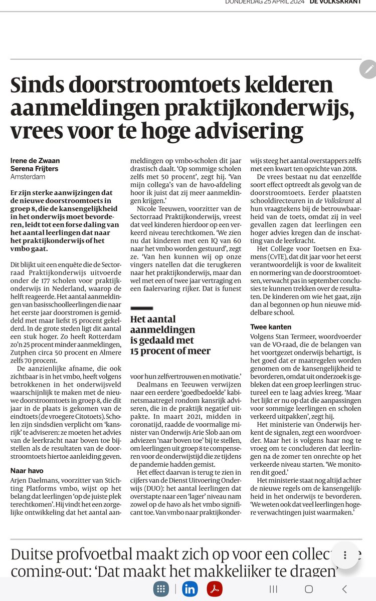 Waar zijn we met z'n allen mee bezig? 🫣😕 #onderwijs #staatvanhetonderwijs #kansrijk #doorstroomtoets via @volkskrant