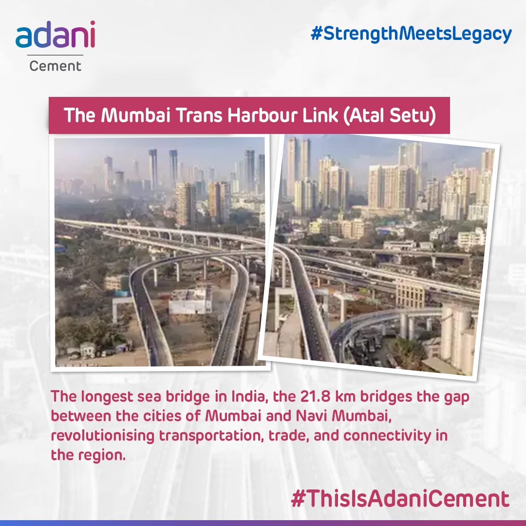The Mumbai Trans Harbour Link, officially named Atal Bihari Vajpayee Sewri-Nhava Sheva Atal Setu, is the longest sea bridge in India. #ThisIsAdaniCement #BuildingNationsWithGoodness #GrowthWithGoodness #GoodnessKiNeev #AtmanirbharBharat #StrengthMeetsLegacy