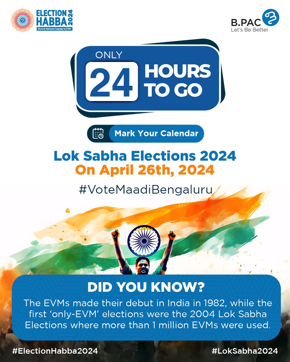 Citizens of Bengaluru, the countdown to the Lok Sabha elections on April 26th, 2024, has reached 1 day. It's time for us to exercise our democratic rights and shape the future of our city. Are you prepared? Remember, your vote is your voice, and it matters. So, let's join hands…