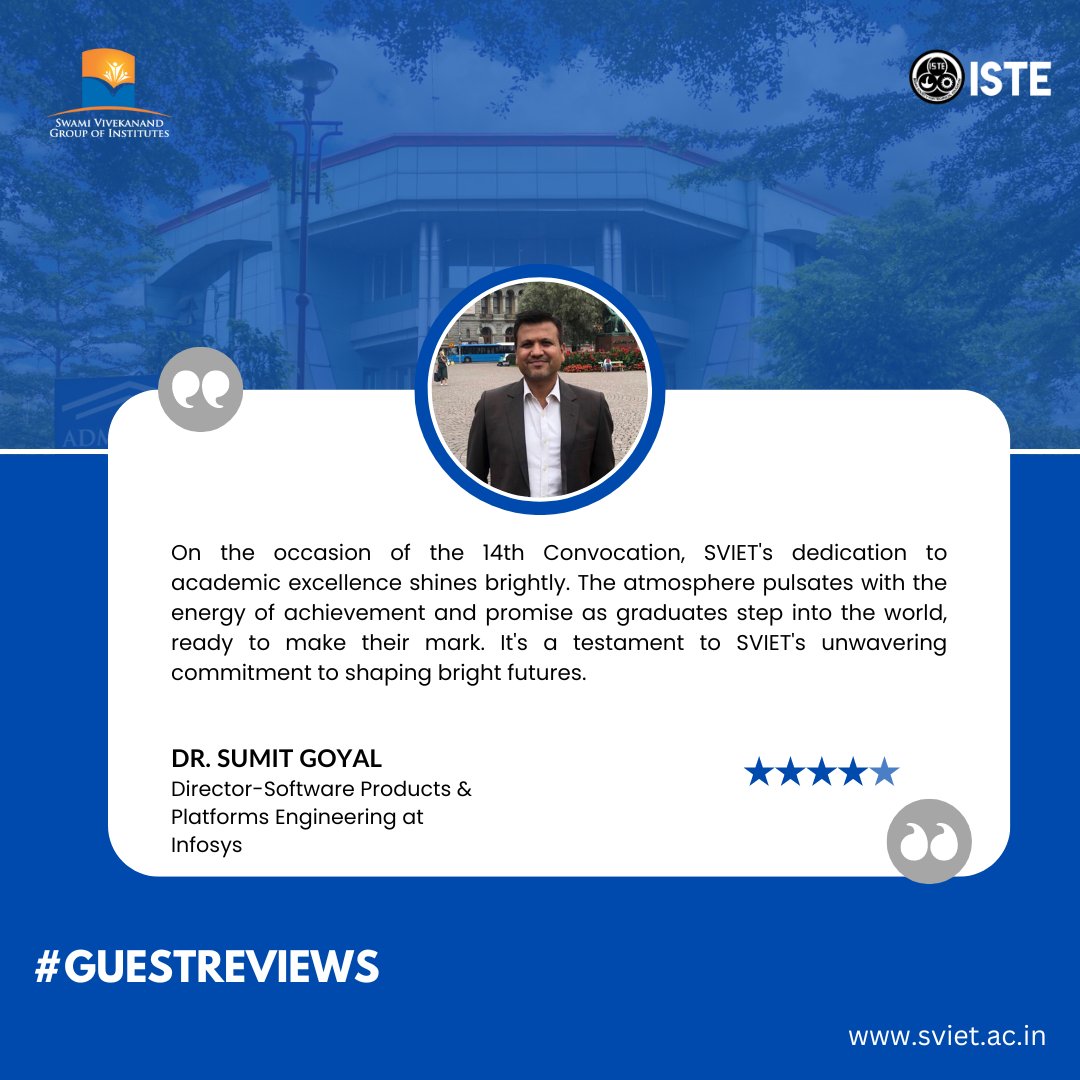 Every five-star review we receive holds a special place in our hearts, no matter how many we accumulate. Check out this glowing review from Dr. Sumit Goyal Director-Software Products & Platforms Engineering, Infosys.🌟

#GuestReviews #FiveStarExperience #SVGOI #SVIET #BeOurGuest