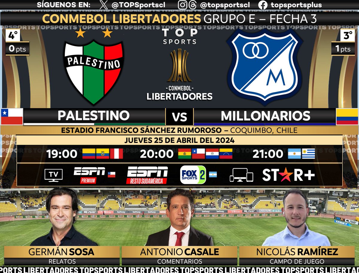 CONMEBOL #Libertadores 🏆 Grupo E, Fecha 3 🇨🇱 #Palestino - #Millonarios 🇨🇴 🎙️ @GermanSosaEspn 🗣️ @CasaleSports 🏟️ @Ramirezgnico #⃣ #LIBERTADORESxESPN #ESPNenStarPlus - #GloriaEterna 🖥️ ESPN Premium 🇨🇱 🖥️ ESPN Sudamérica ❌🇨🇱🇦🇷 🖥️ FOX Sports 2 🇦🇷 📱💻 @StarPlusLA 🔃❤️