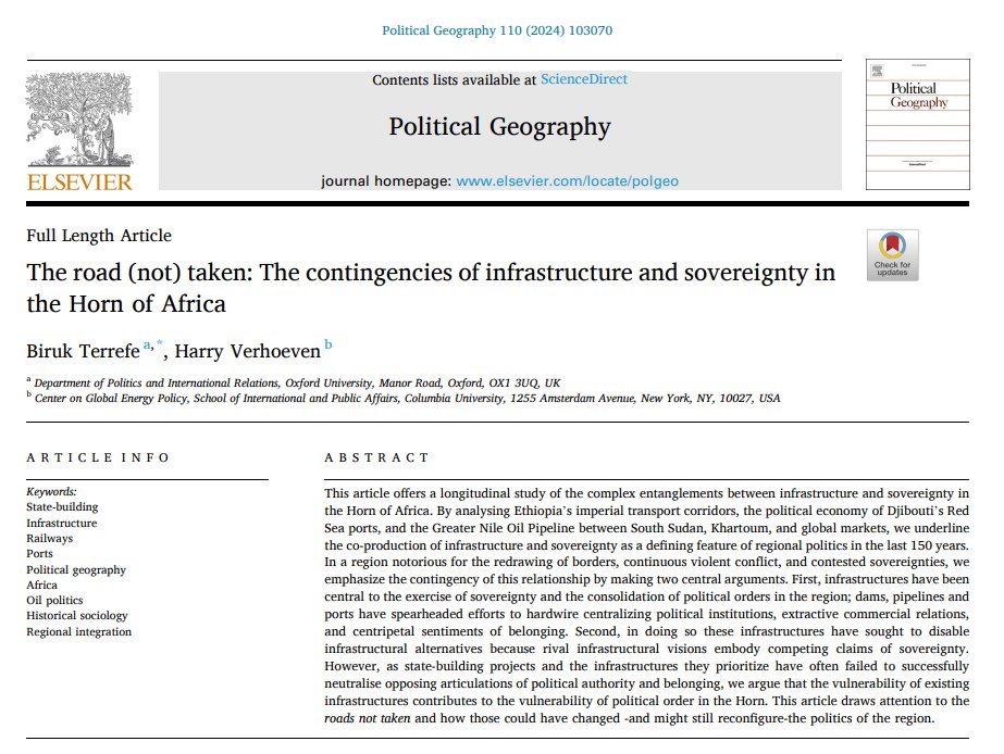 NEW PAPER! The contingencies of infrastructure and sovereignty in the Horn of Africa, by @terrefebiruk and Harry Verhoeven sciencedirect.com/science/articl…