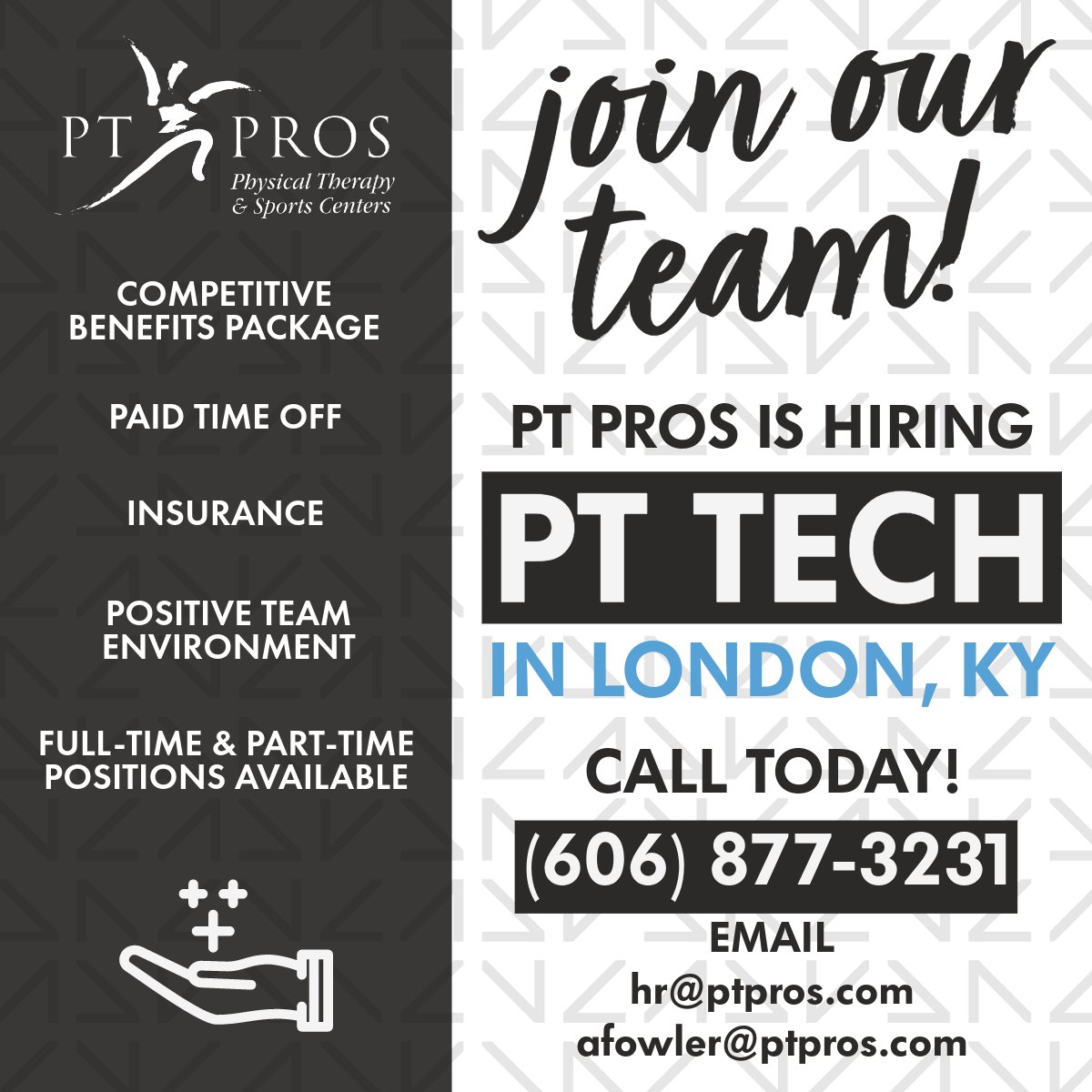 PT Pros London is hiring for a PT tech position. If you're looking to join a great team with excellent benefits, contact us today! #GetMoving #NowHiring #LondonKY #YourTeamIsHere #PhysicalTherapy