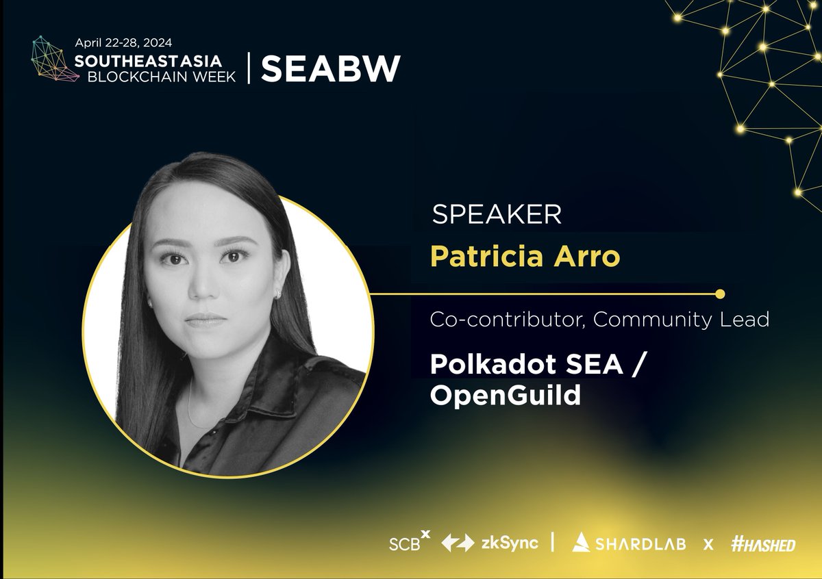 Patricia Arro @polka_pat is speaking at #SEABW2024! Patricia is a seasoned community builder, most recently applying her expertise towards the @Polkadot ecosystem in Southeast Asia, for which she is the lead contributor. ⭐
