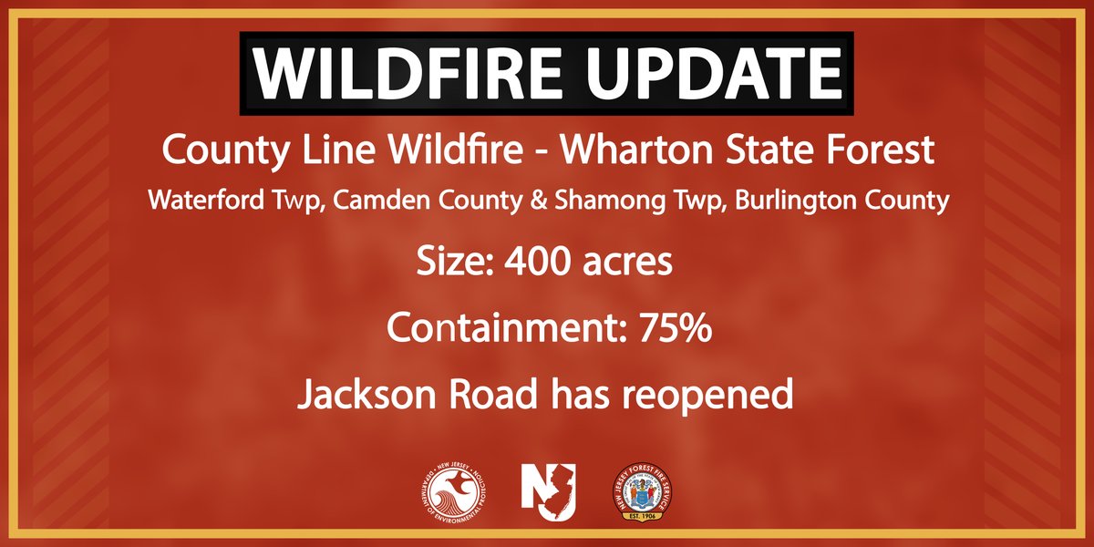 WILDFIRE UPDATE: County Line Wildfire - Wharton State Forest @njdepforestfire is making substantial progress to work to contain a wildfire burning in the area of Jackson Road in Wharton SF. The fire is burning in Waterford Twp, Camden County and Shamong Twp, Burlington County.