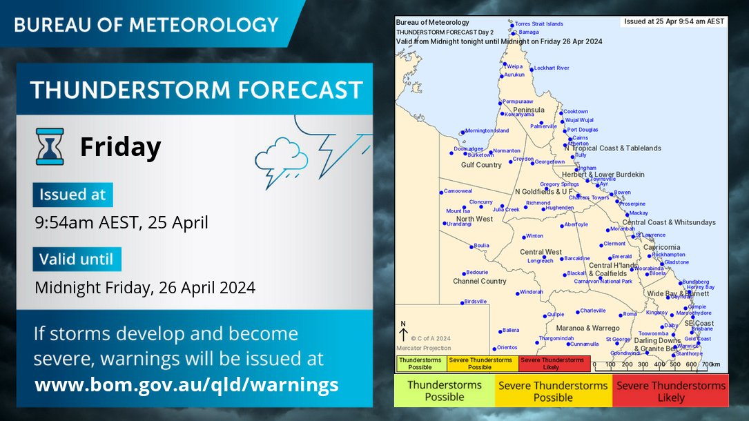 ⛈️Thurs & Fri thunderstorm forecast: The chance of a storms confined to the far northern Peninsula & Torres Strait for the next few days. No severe storms are expected. Forecasts: ow.ly/Nmru50RnE4y