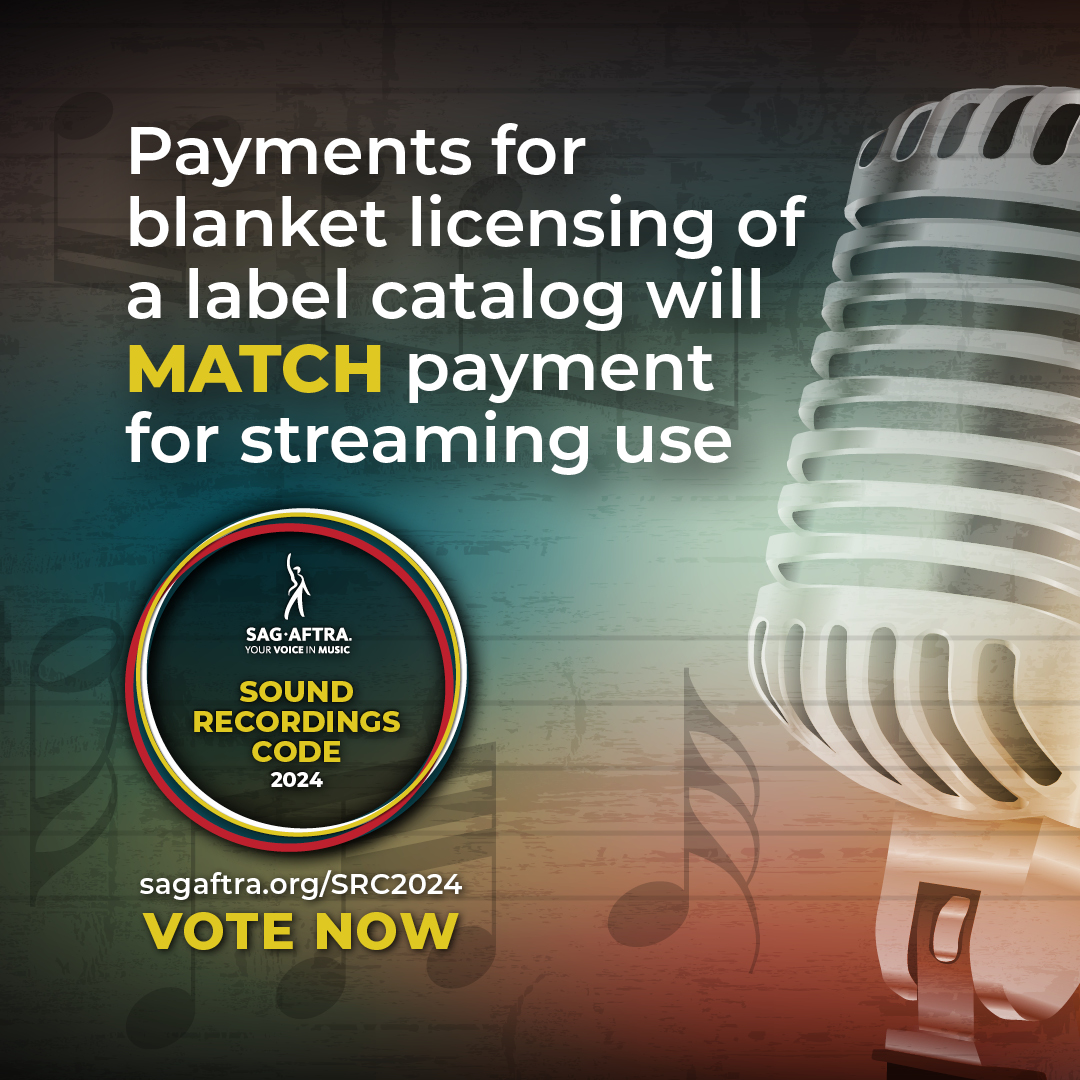 🎶 Exciting news! With the Sound Recordings Code tentative agreement, payments for blanket licensing of a label catalog will MATCH payment for streaming use! 🌟 Vote now to secure this gain! 🗳️ Vote by April 30th at 5 PT. sagaftra.org/SRC2024.