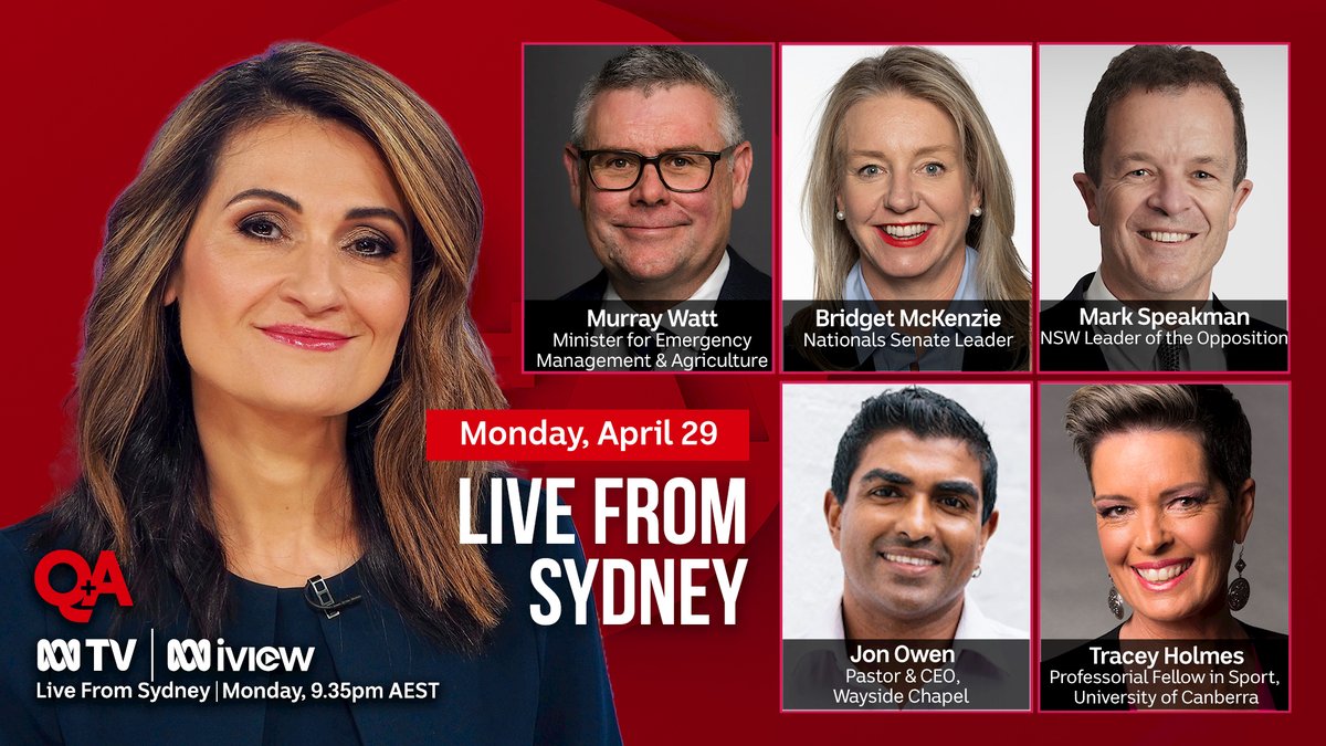 #QandA is live from Sydney, Monday April 29 with Murray Watt, Bridget McKenzie, Mark Speakman, Jon Owen and Tracey Holmes on the panel to discuss extremism, domestic violence and social cohesion. What will you ask the panel? ab.co/AskAQuestion