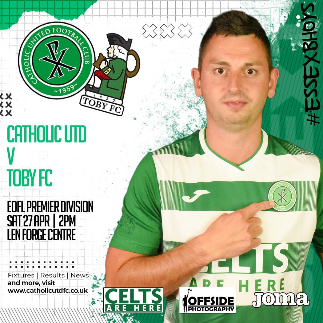 CatholicUtdFC's tweet photo. Three weeks away from home, lets home the Len Forge Centre has missed us!!  🍀

🆚 @TobyFC_ 
🏆 @eofl Premier Division
🗓️ Sat 27 April
🕑 2pm
🏟️ Len Forge Centre
📍 SS2 6UH

Shirt Sponsor:  @HereCelts 
#EssexBhoys #CATTOB https://t.co/CY638FqMbo