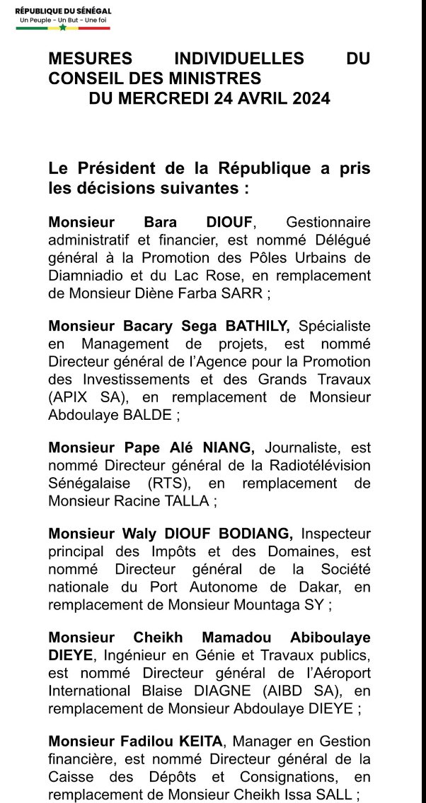 Les Premières nominations de son excellence Bassirou Diomaye Faye quelques semaines après la constitution du Gouvernement. Pape Alé Niang remplace Racine Talla à la Direction de la RTS. Fadilou Keita à la tête de la CDC, Waly Diouf Bodian au port…
#kebetu 
#DiomayePresident