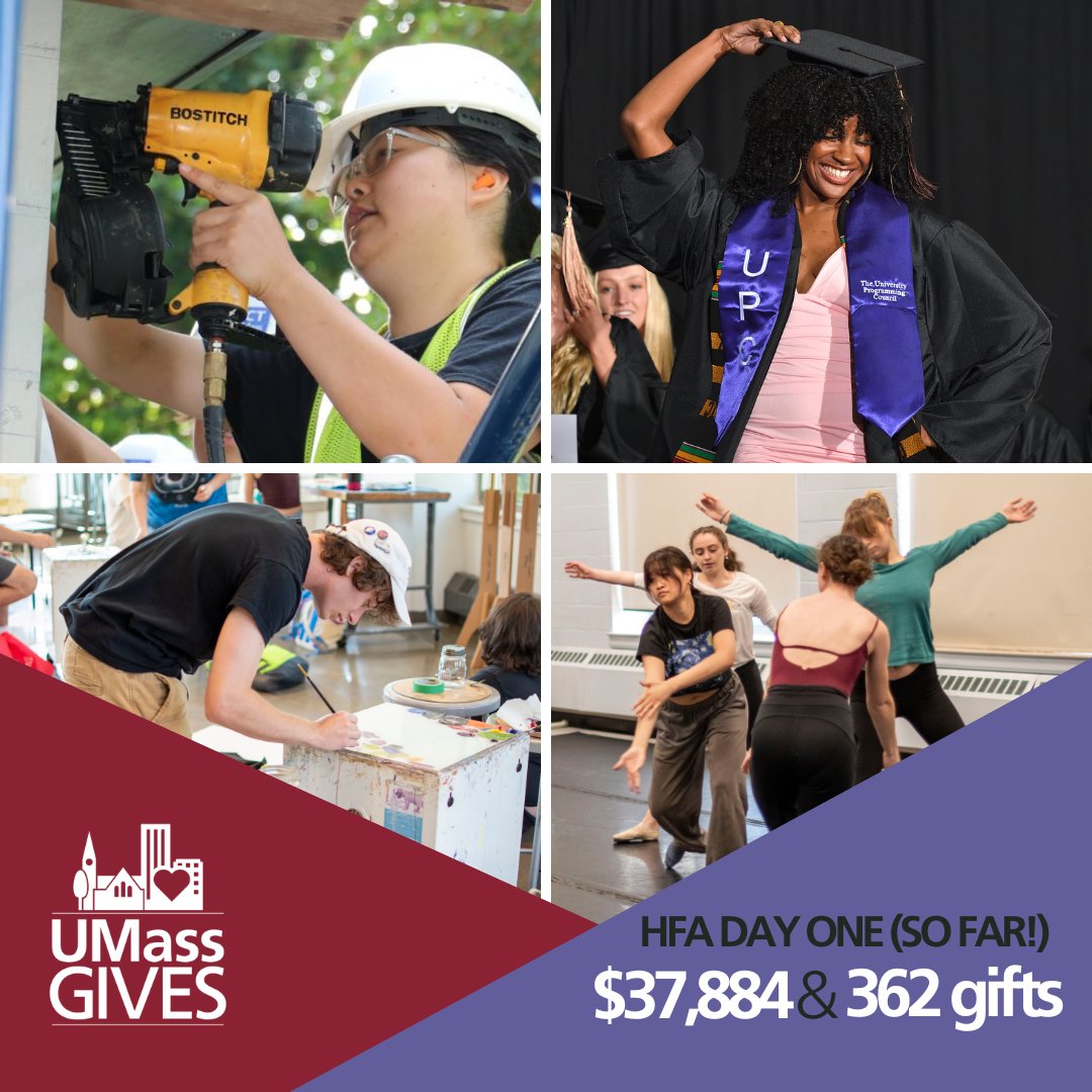 Thanks to YOUR support, the College of Humanities & Fine Arts has already received more than $37,000 from 362 gifts! Your generosity supports scholarships and internships, innovative academic programs, and helps build a better future for our students. #UMassGives #GiveHappy