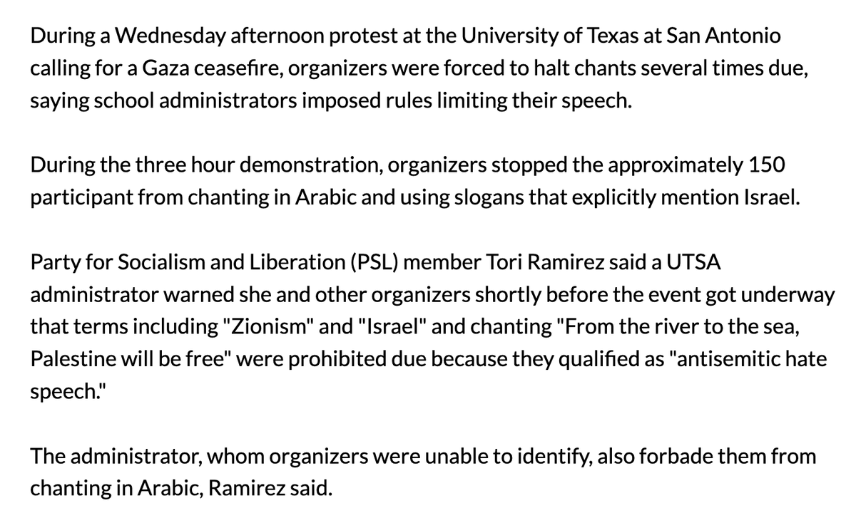 I thought German police's ban on certain languages at protests was outrageous. And then I saw this from U of TX, San Antonio — that protesters were warned against speaking Arabic. If accurate, this is unacceptable at a campus bound by the First Amendment. sacurrent.com/news/utsa-stud…