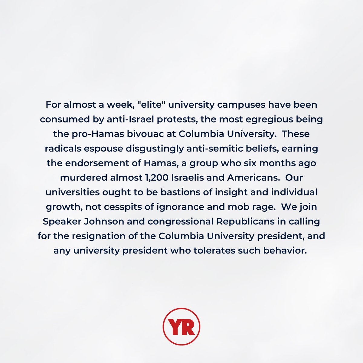 We join Speaker Johnson and congressional Republicans in calling for the resignation of the Columbia University president, and any university president who tolerates such behavior.