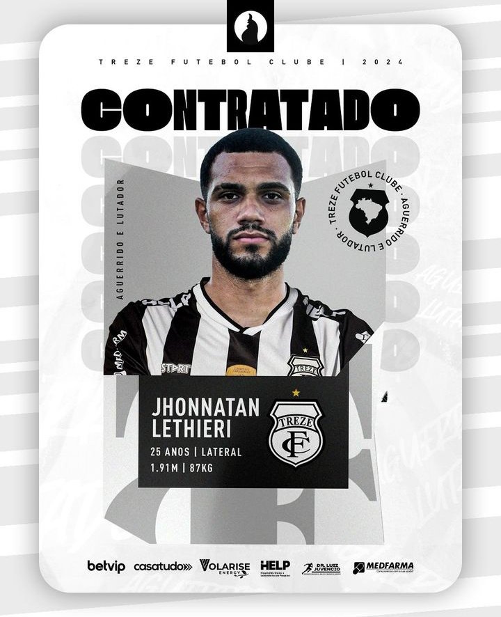 Treze oficializa a contratação do lateral-direito Lethieri que estava no Humaitá, o atleta de 25 anos já teve passagens por Real Noroeste, Vilavelhense e Capixaba
Boa-sorte Lethieri 🐓🖤🤍

Mais uma contratação que foi passada em primeira mão pelo NTFC 🐓🖤🤍