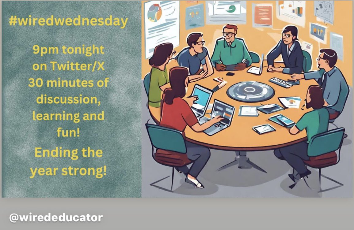 Join us in an hour (9PM EST) for a very special #wiredwednesday where will host a 4-question Twitter (X) chat simultaneously with a live video stream with members of The Wired Educator Squad reading your tweets and talking about each question. Watch on FB, YouTube, or here, X.