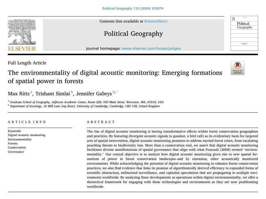 NEW in PG - The environmentality of digital acoustic monitoring: Emerging formations of spatial power in forests, by @Rittsey, @trishantsimlai and @citizen_sense Jennifer Gabrys sciencedirect.com/science/articl…