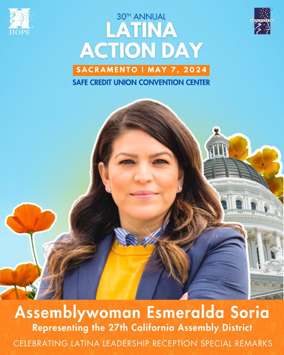 🎉 Big news for #LatinaActionDay🌟Join us to hear from @EleniKounalakis, @sjsuprezmatson, & @Esmeralda_Soria.  Learn from their expertise and leadership to empower yourself.🎙️Register at bit.ly/lad24 to join us & create a brighter future for all Latinas. #HOPEInAction