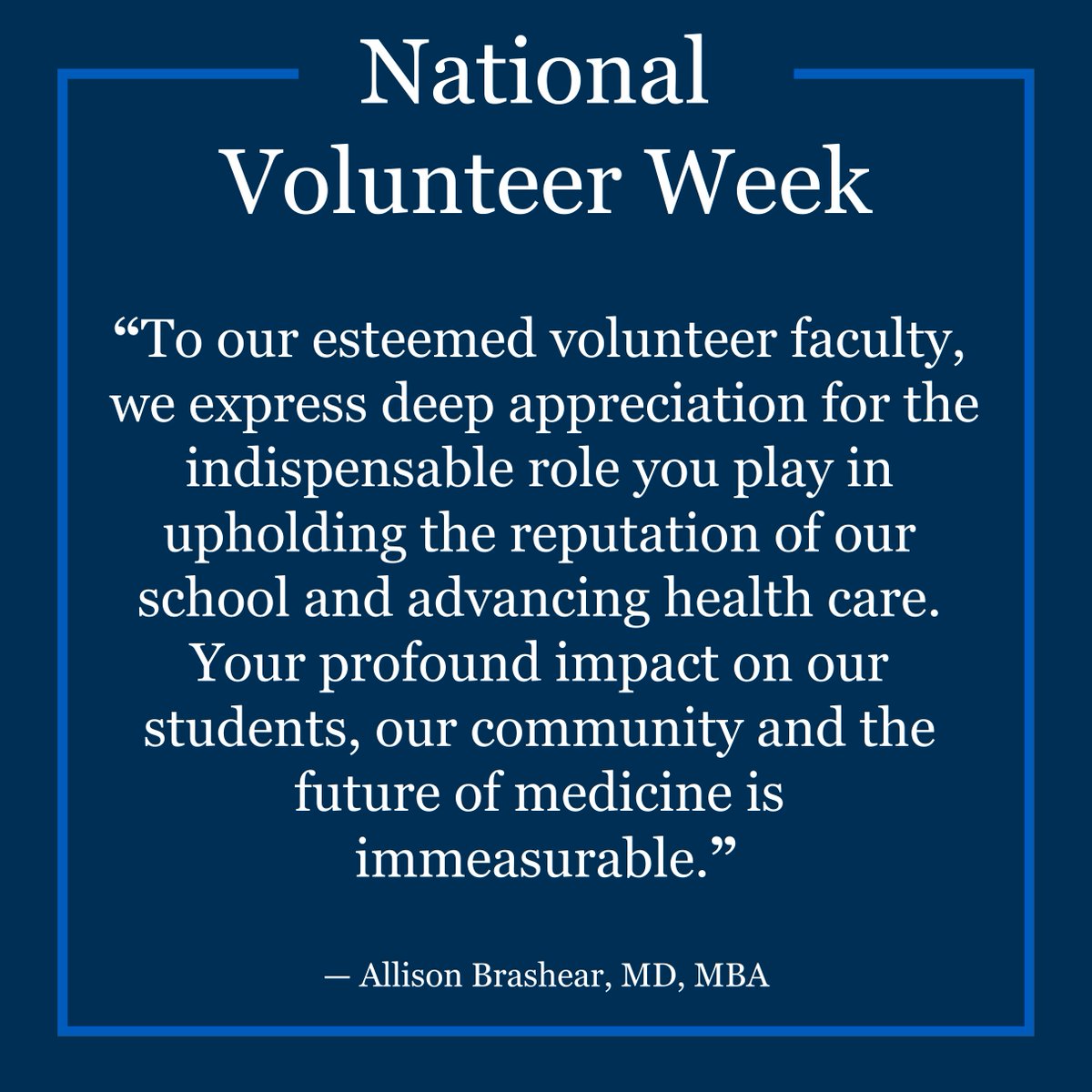 It’s #NationalVolunteerWeek. We’re honoring the contributions of our @Jacobs_Med_UB volunteer faculty members! “I encourage our school community to join me in expressing gratitude to our dedicated volunteer faculty,” says @DrABrashear.

💙 More: buff.ly/3Uxw6pr

#UBuffalo