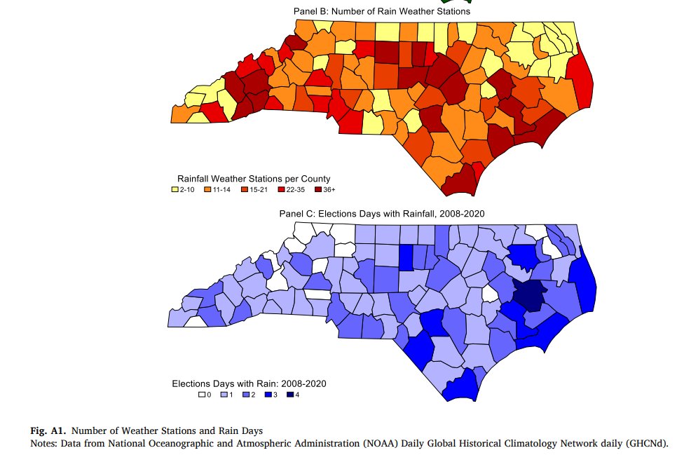 Rain, rain, voter go away? Rainfall and voter turnout in North Carolina during the 2012–2020 presidential elections, by Nick Turner, sciencedirect.com/science/articl…