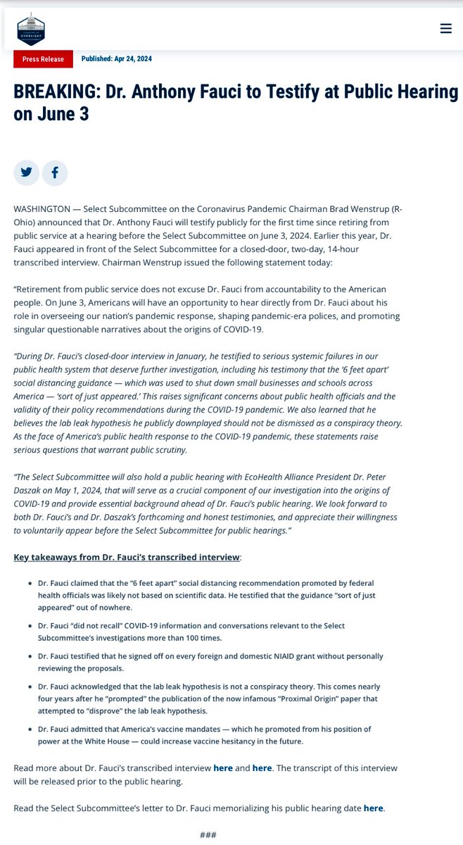 🔥🚨🚨Breaking News 🚨🚨🔥 Dr. Anthony Fauci to Testify at Public Hearing on June 3 👏👏 @ United States House Committee on Oversight and Accountability hearing 👇👇👇 oversight.house.gov/release/breaki… I will hold a space in the VaxInjured lounge and live stream the hearing as well🔥🔥