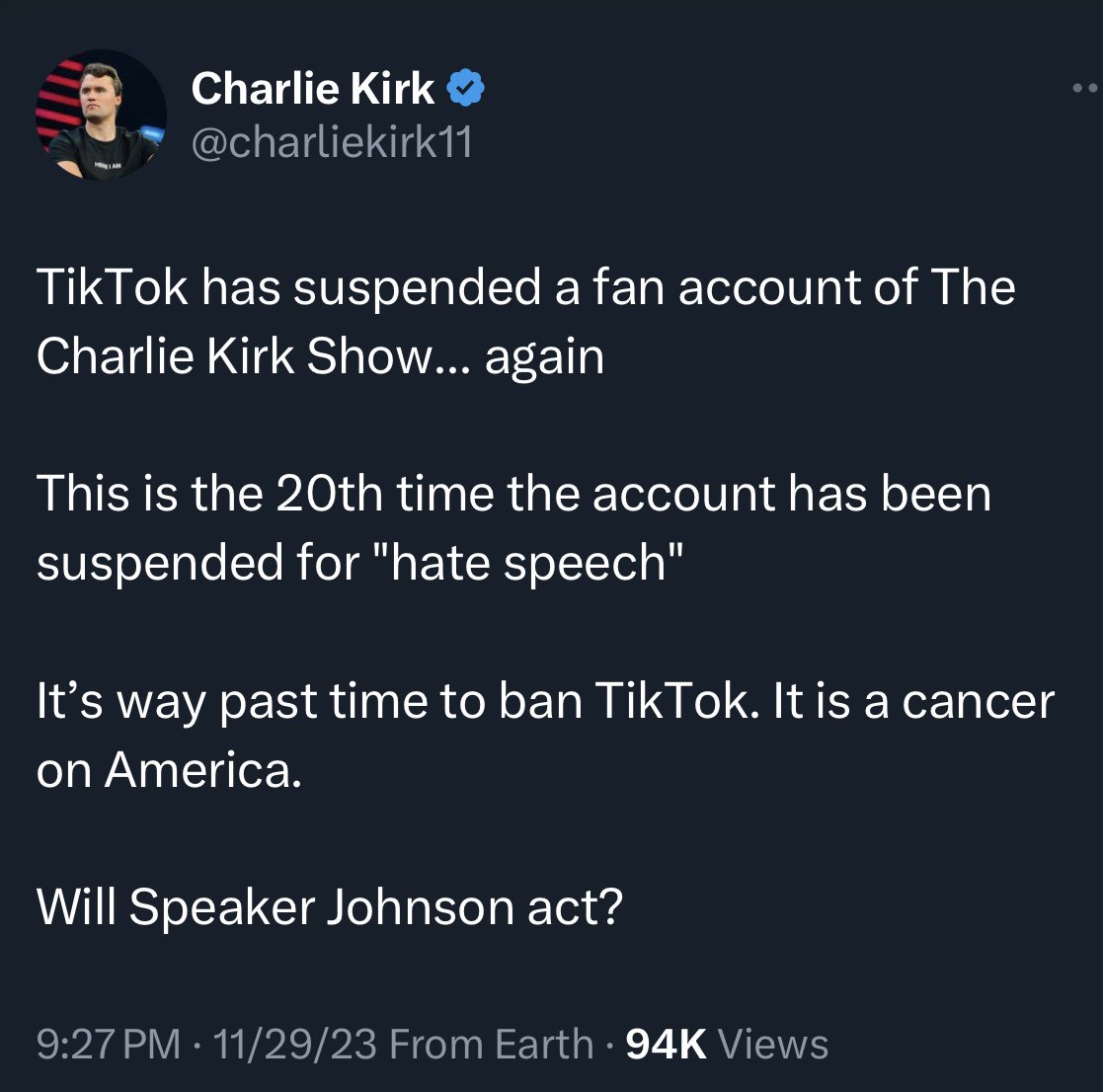 Charlie Kirk has repeatedly, for years, argued strongly for TikTok to be banned. Of course, as soon as Biden signs the bill today for TikTok to divest, you can see from the first post he has suddenly changed his mind. The other 3 are what he said before today.