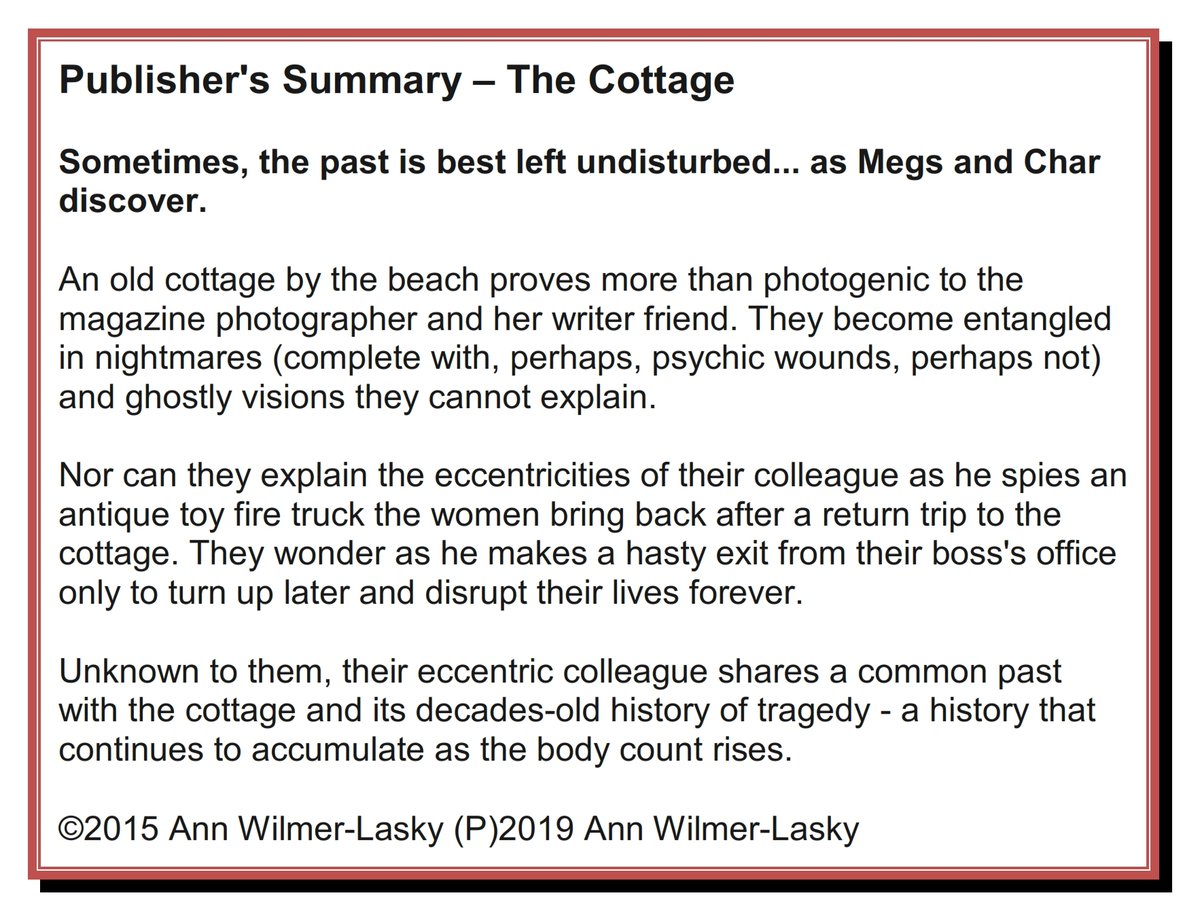 There will be blood! Check out some great #paranormal #horror with the #AudioBook version of “The Cottage” by Ann Wilmer-Lasky and brilliantly narrated by Christine Brewer. #WritingCommunity .@awlasky @cdbrew #MHHSBD #AuthorsOfTwitter #BookTwitter audible.com/pd/B0816RWMXY/