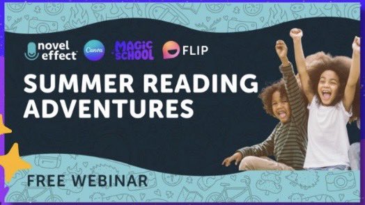 Just wrapped up an amazing webinar with so many ideas for summer reading! @MicrosoftFlip & @annkozma723 ideas for librarians ✅ Jeni from @magicschoolai with the rap battle ✅ Amy from @CanvaEdu with Road Map ✅ @Novel_Effect makes reading FUN! Look out summer here we come!
