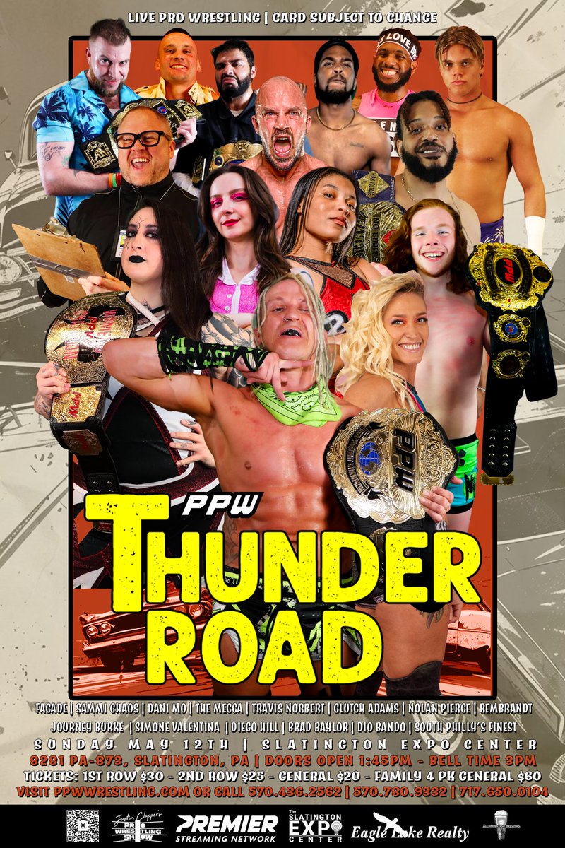 ⚠️ POSTER REVEAL ⚠️ PPW is traveling down Thunder Road, and we have the poster to prove it!!! Amazing artwork as always by @bm2kx!!! Join us on a special day and time: Sunday, May 12th at 3PM! 🎟: ppwwrestling.com/shop