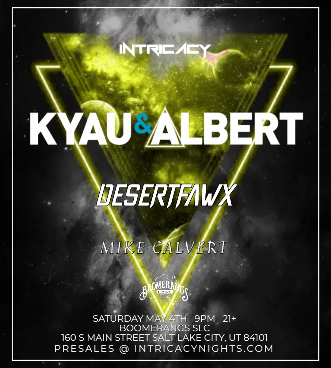 Intricacy (@intricacynights) on Twitter photo โฉ SLC! A Week away from the return of <a href="/KyauAndAlbert/">Kyau & Albert ๐บ๐ฆ</a> alongside <a href="/desertfawx1/">DESERTFAWX</a> & Mike Calvert at @Boomerangsslc Saturday May 4th 9pm 21+
๐๏ธ intricacynights.ticketsauce.com/e/kaslc?utm_soโฆ
#MayThe4thBeWithYou โฉ SLC! A Week away from the return of <a href="/KyauAndAlbert/">Kyau & Albert ๐บ๐ฆ</a> alongside <a href="/desertfawx1/">DESERTFAWX</a> & Mike Calvert at @Boomerangsslc Saturday May 4th 9pm 21+
๐๏ธ intricacynights.ticketsauce.com/e/kaslc?utm_soโฆ
#MayThe4thBeWithYou