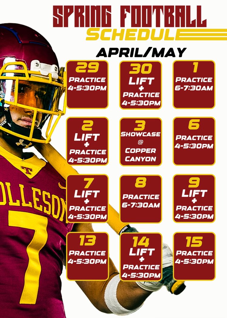Updated Spring Ball Schedule! Excited to see all College coaches and media members starting next week! Go T-Town! #353