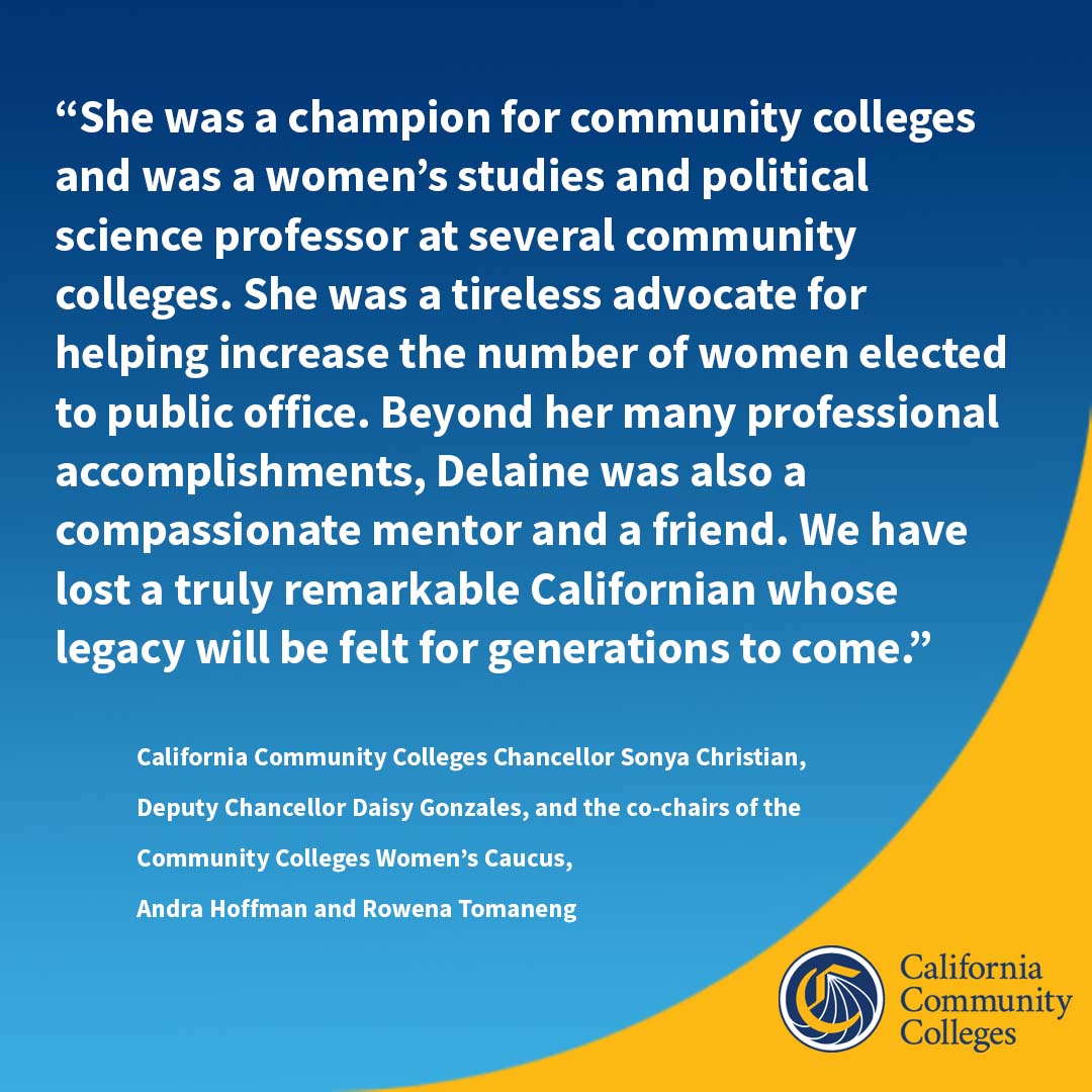 Statement From California Community Colleges Chancellor Sonya Christian, Deputy Chancellor Daisy Gonzales and Women’s Caucus on Passing of Former Superintendent of Public Instruction Delaine Eastin. Read: bit.ly/4dfF6GU
