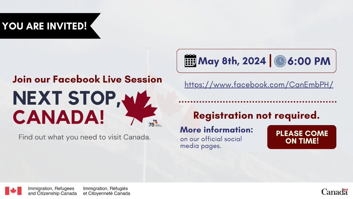 Travelling to Canada soon? @CanEmbPH invites you to join us in a Facebook Live event on May 8, Wednesday, 6PM (Philippine Standard Time), where you can learn everything you need to know about applying for a visitor visa & Electronic Travel Authorization (eTA)🛫 #Together75🇨🇦🇵🇭