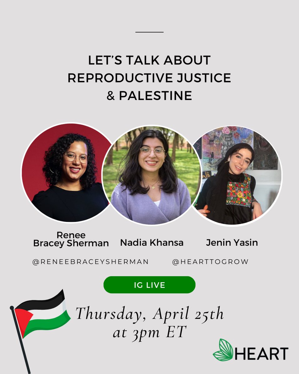 How are reproductive justice and the liberation of Palestine connected? Let’s talk about it! Tomorrow at 3pm ET join me & @hearttogrow’s Nadia & Jenin on IG Live to talk about what’s happening, what we can do to show up, and how we can build together towards reprojustice for all.