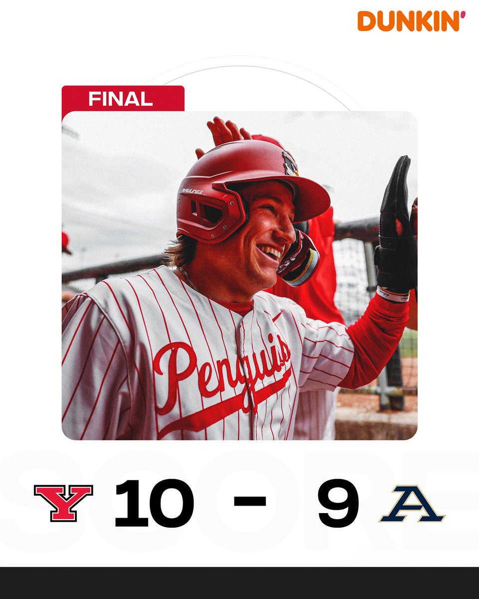 YSUBaseball's tweet photo. WALK-OFF WINNER ‼️

Final | YSU 10, Akron 9

Matt Thompson hit a leadoff single in B9 and scored on Eli Brown's walk-off single to right center field! 

Brown finished the game 4-for-5 with a double and four RBIs. Nolan Kubilus tossed four shutout innings of relief.

#GoGuins🐧⚾️ https://t.co/cgTRbQmalj