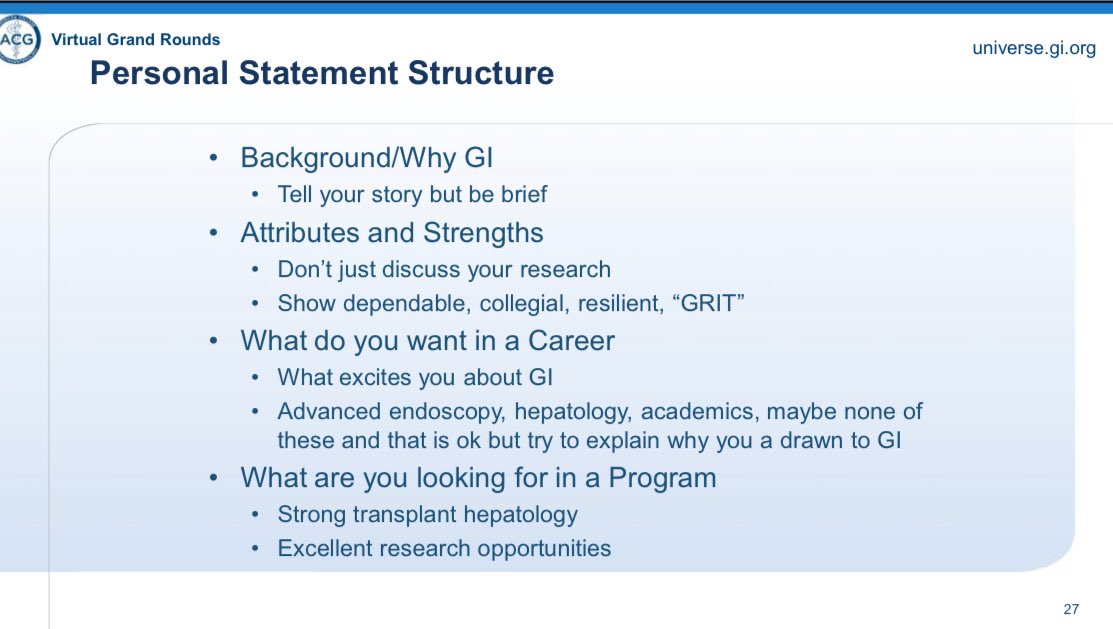 Tips & Tricks on the Personal Statement “Program Directors DO read your personal statement!” Below it listed some great tweetorials! #GITwitter