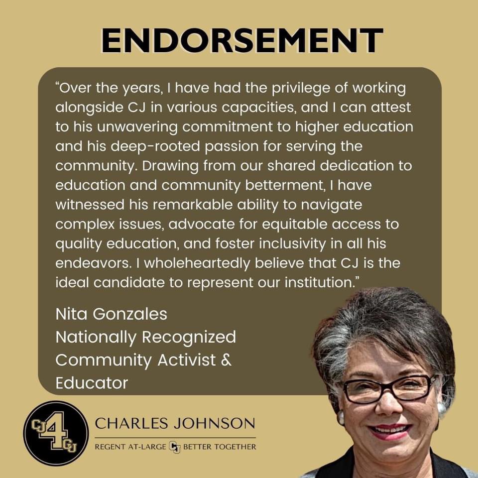 It is with great pride that I share the endorsement of Nita Gonzales, a nationally recognized community activist and educator! Her work in fighting for justice and equality, along with her passion for education is immeasurable. Thank you, Nita!

#CJ4CU #BetterTogether #COPolitics