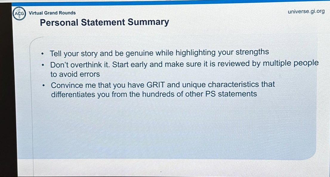 I always found #PersonalStatements challenging ! This talk by #DrBradleyConfer is 🔥🔥 at the @AmCollegeGastro #VGR #FutureOfGI