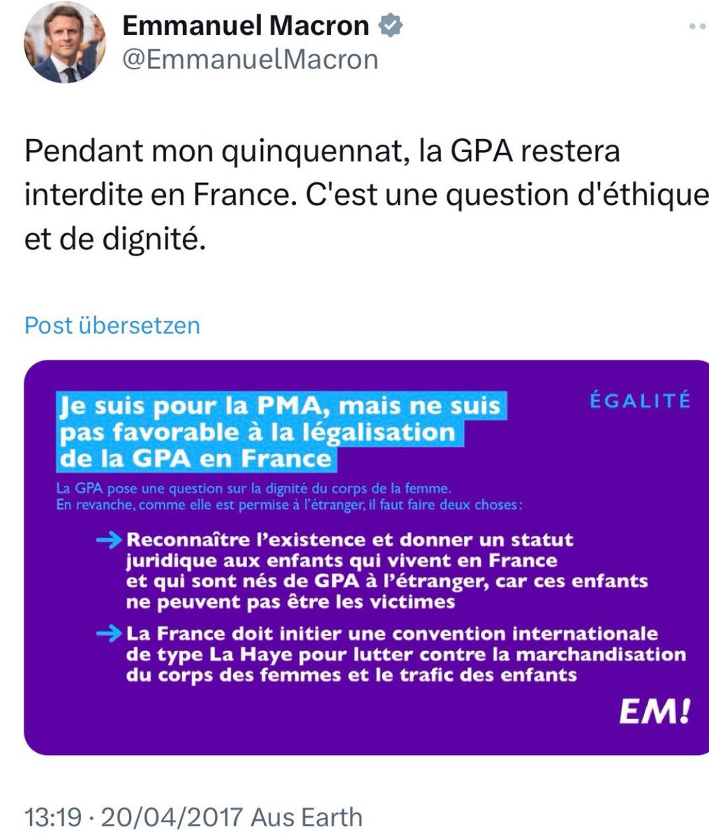 @MCrosnier75 C’est faux.

La GPA est listée comme traite humaine au meme titre que l’esclavage. 
Elle est interdite en #France, question d’éthique et de dignité. 
#MerciMacron #BravoMarion