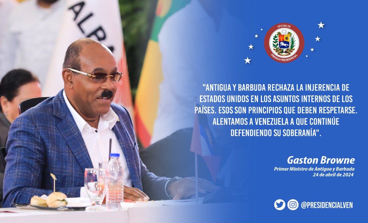El Primer ministro de Antigua y Barbuda, Gaston Browne, alzó la voz en nombre del ALBA para rechazar el injusto embargo de Estados Unidos a Cuba, así como fustigar las medidas coercitivas unilaterales impuestas por el país del norte contra Venezuela y Nicaragua.