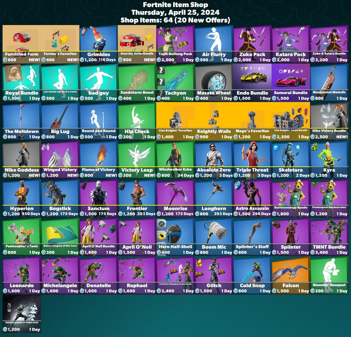 Item shop for April 25th, 2024. Nike Goddess is here! Astro Assassin has returned, along with Hyperion, Bogstick, Sanctum, Frontier, Windwalker Echo, Absolute Zero, Triple Threat, Skeletara and Grimbles! #Fortnite #FortniteMythsAndMortals #FortniteLeaks #FortniteNews #Gaming