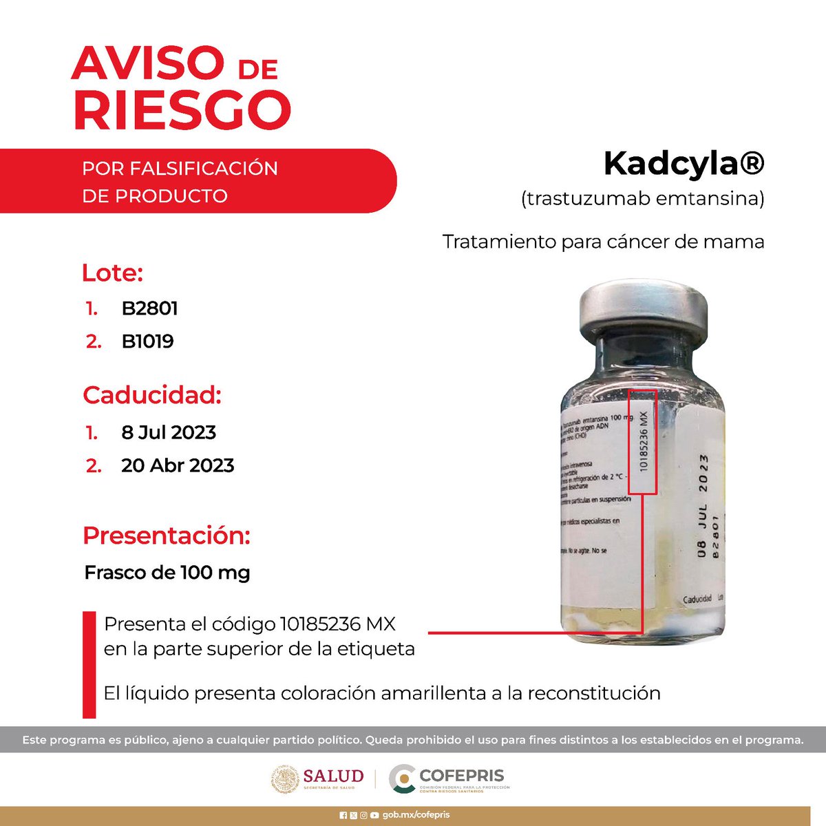 #ALMOMENTO | #COFEPRIS alerta sobre falsificación de tres medicamentos: 

-Kadcyla, para pacientes con cáncer de mama
-Stribild, tratamiento para VIH
-Anesket Ketamina, anestésico general