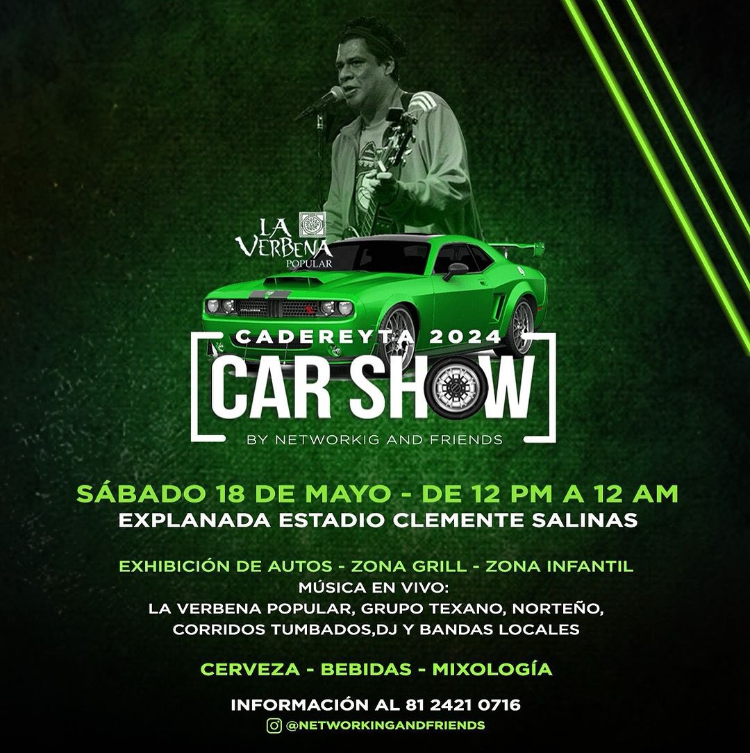 ¡No te pierdas Car Show Cadereyta este 18 de mayo! 🏎️ Un evento para toda la familia con coches increíbles, zona de grill 🥩 y zona infantil. 🤩 📍Explanada Estadio Clemente Salinas Netro. 🎟️ Compra tus boletos aquí: bit.ly/3UzNJoF