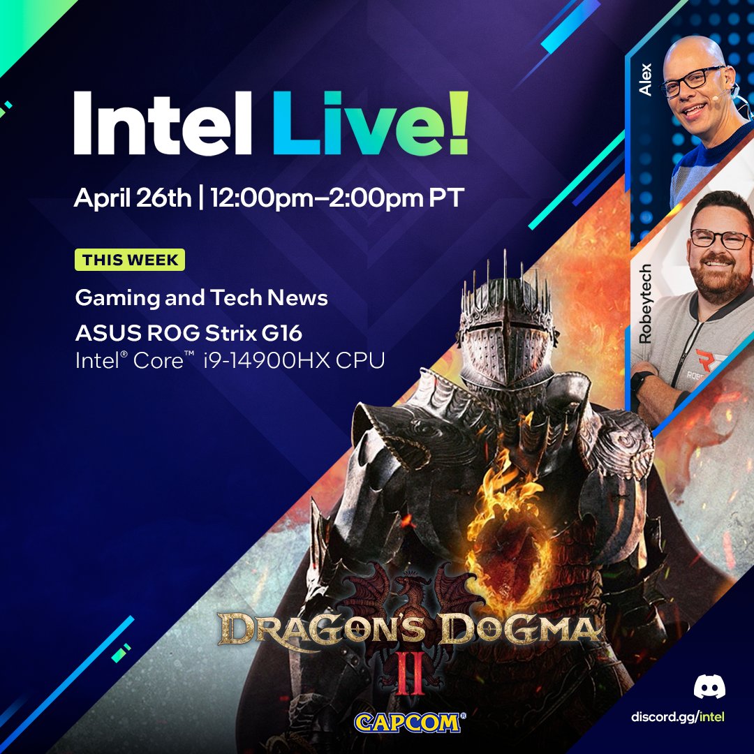 .@robeytech and @AlexHoyos are back to their adventuring ways with #DragonsDogma2 in this week’s #IntelLive! Plus, details on the ASUS ROG Strix G16 laptop and Intel Core i9 processor (HX series). Mark it down! 🔗 intel.ly/3Qk4amt 📅 Apr. 26