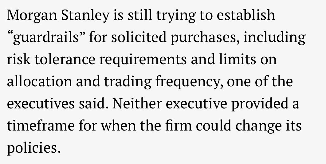 Update on Morgan Stanley potentially allowing their 15,000 brokers to solicit client purchases of spot btc ETFs… “We are going to make sure everybody has access to it. We just want to do it in a controlled way.” No view on price, but it’s still *so* early. via @advisorhubinc
