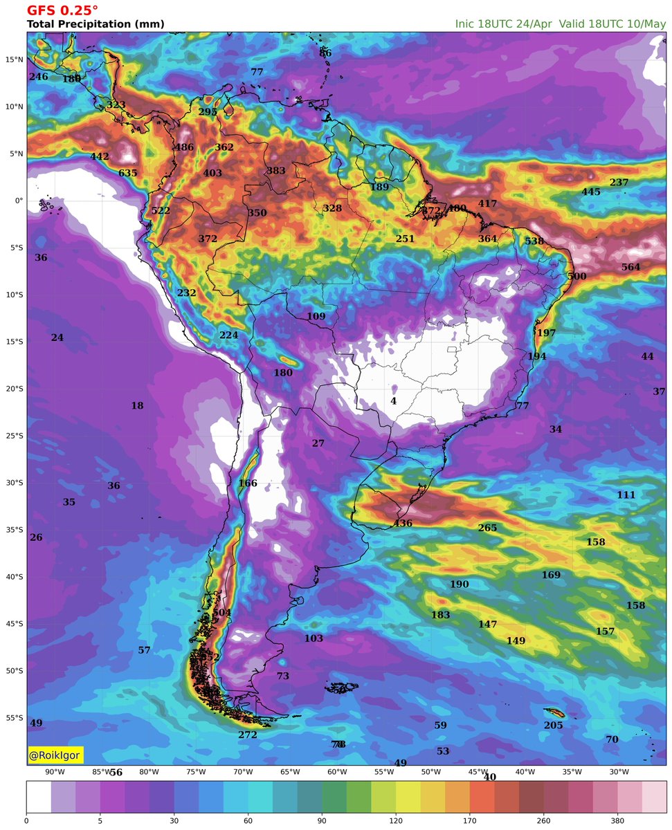 Volume de chuva previsto nos próximos 15 dias, conforme projeção do modelo GFS.