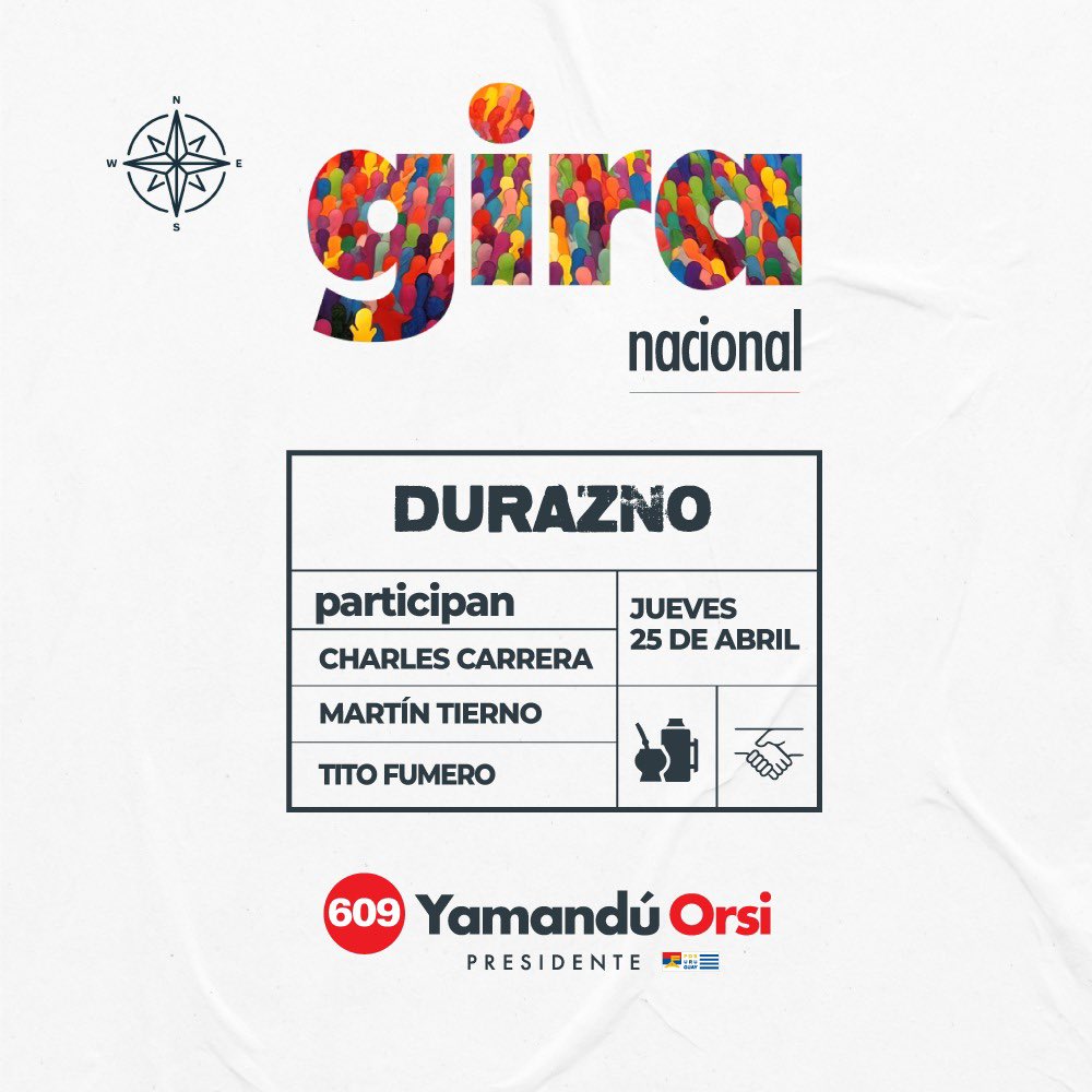 🇺🇾 | Mañana la #gira609 nos encontrará en Durazno junto a los compañeros @martintf1 y @TitoFumero . Kilómetro a kilómetro seguiremos compartiendo con vecinos y vecinas sobre qué país nos merecemos, porque este beneficia a unos pocos, y con Yamandú vamos a gobernar para la gente