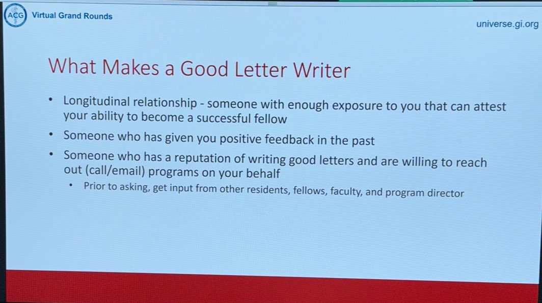 #LORs are critical in the #FellowshipApplication process Stellar tips from #DrBrianKim on how to choose your Letter Writers ☄️☄️ @AmCollegeGastro #VGR
