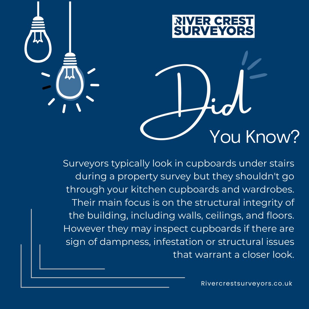 Surveyors typically look in cupboards under stairs during a property survey but they shouldn't go through your kitchen cupboards and wardrobes.

#RiverCrestSurveyors #PropertyValuationUK #BuildingSurveying #RealEstateInspection #HomeAppraisal #SurveyorLife #ResidentialProperty