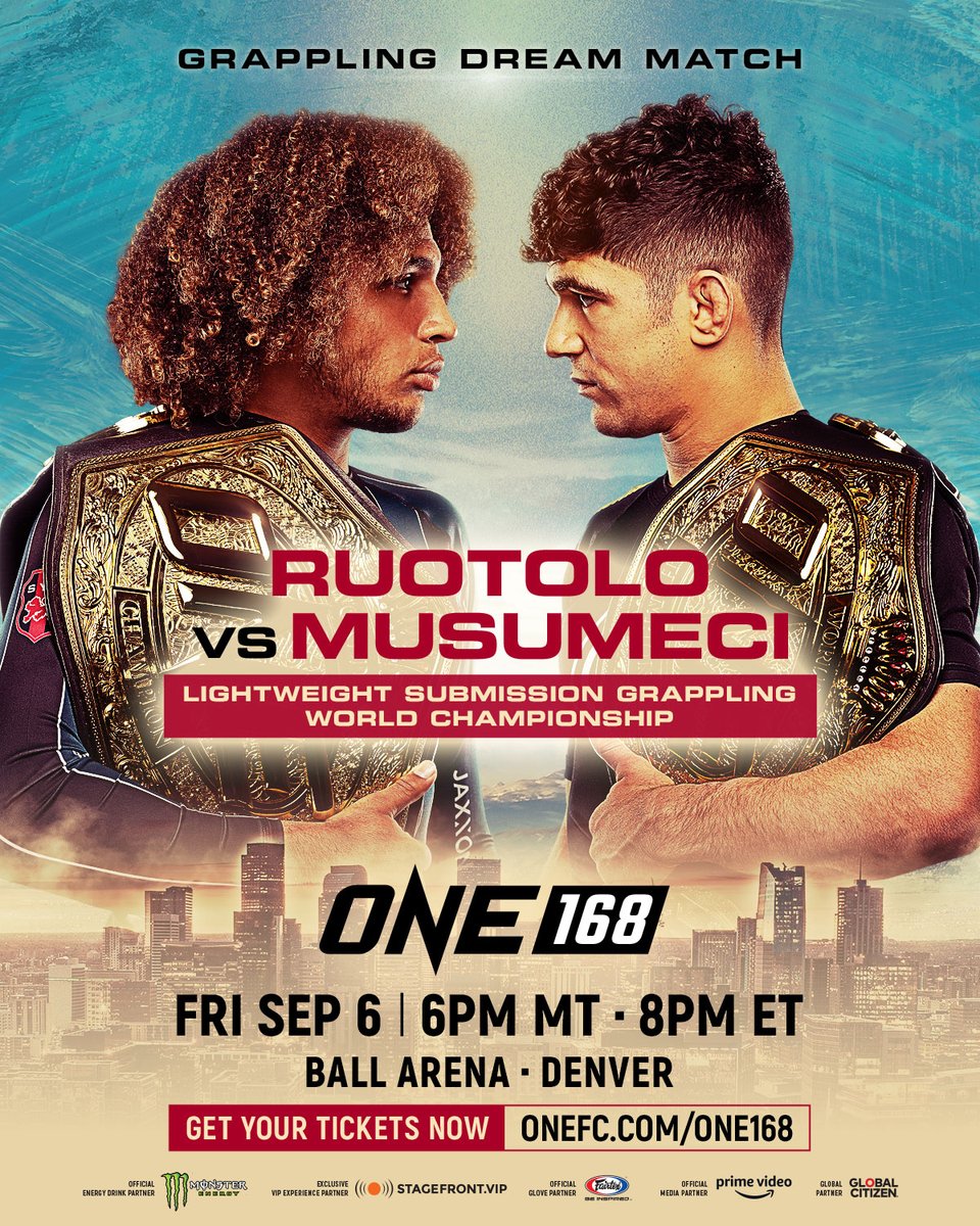 GRAPPLING DREAM MATCH 🔥 Mikey Musumeci moves up three divisions to challenge Kade Ruotolo for the ONE Lightweight Submission Grappling World Championship! Get your tickets to ONE 168: Denver NOW 👉 bit.ly/one168tix

#ONE168 | Sep 6 at 8PM ET